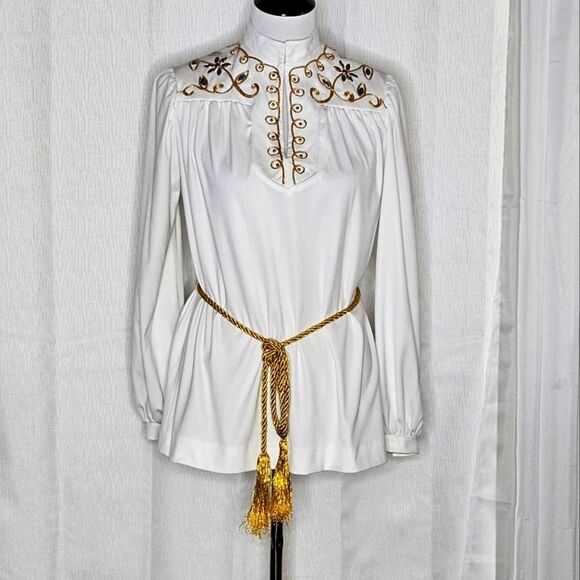 Vintage Caron Chicago Metallic Embroidery Stone Accents Pullover White Blouse - Picture 11 of 16